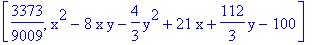 [3373/9009, x^2-8*x*y-4/3*y^2+21*x+112/3*y-100]